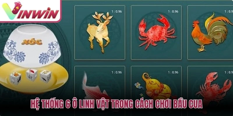 Hệ thống 6 ô linh vật bầu cua tôm cá hươu nai trong trò chơi bầu cua Vinwin